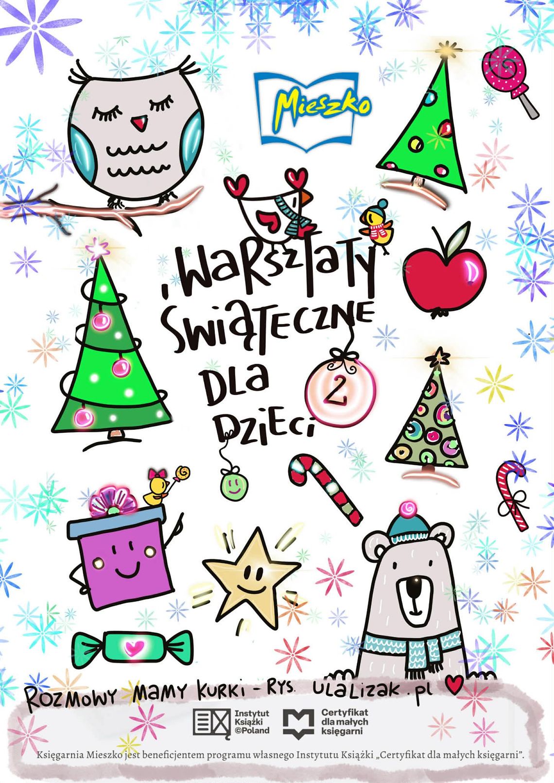 Zdjęcie przedstawia plakat promujący wydarzenie Świąteczno-rysunkowe warsztaty w księgarni Mieszko