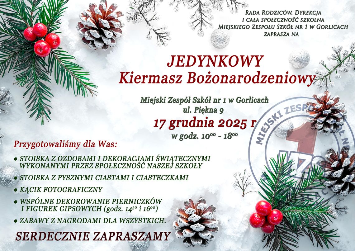 Świąteczny kiermasz w MZS nr 1 w Gorlicach | zapowiedzi wydarzeń - halogorlice.info plakat zapowiadający świąteczny kiermasz w MZS nr 1 w Gorlicach