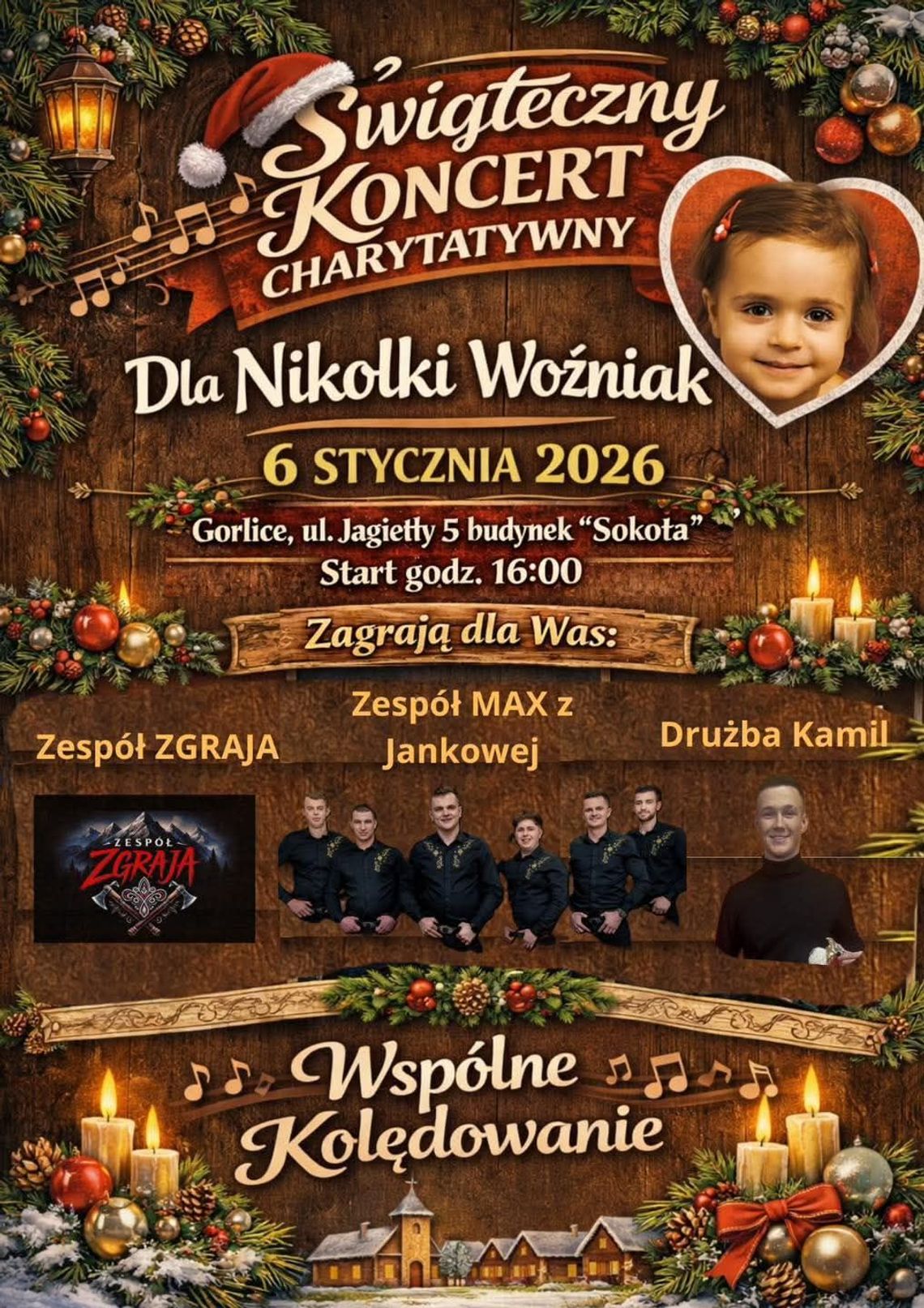 Plakat zapowiadający wydarzenie - Świąteczny koncert charytatywny dla Nikoli Woźniak
