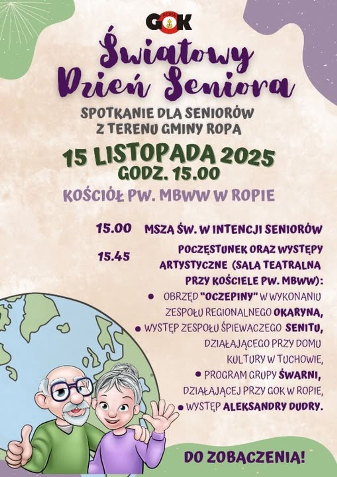 Światowy dzień seniora w gminie Ropa | zapowiedzi wydarzeń - halogorlice.info Plakat zapowiadający wydarzenie - Światowy dzień seniora w gminie Ropa