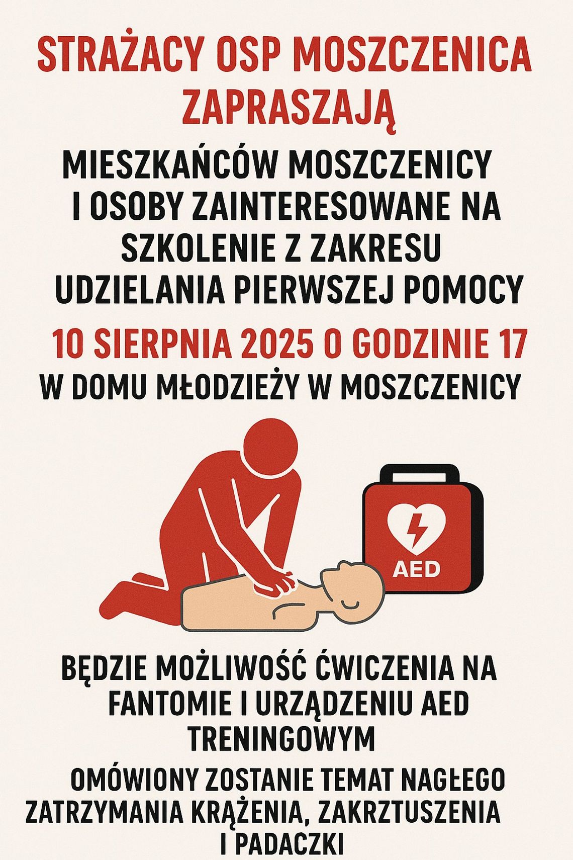 Zdjęcie przedstawia plakat promujący Szkolenie z I pomocy w Moszczenicy