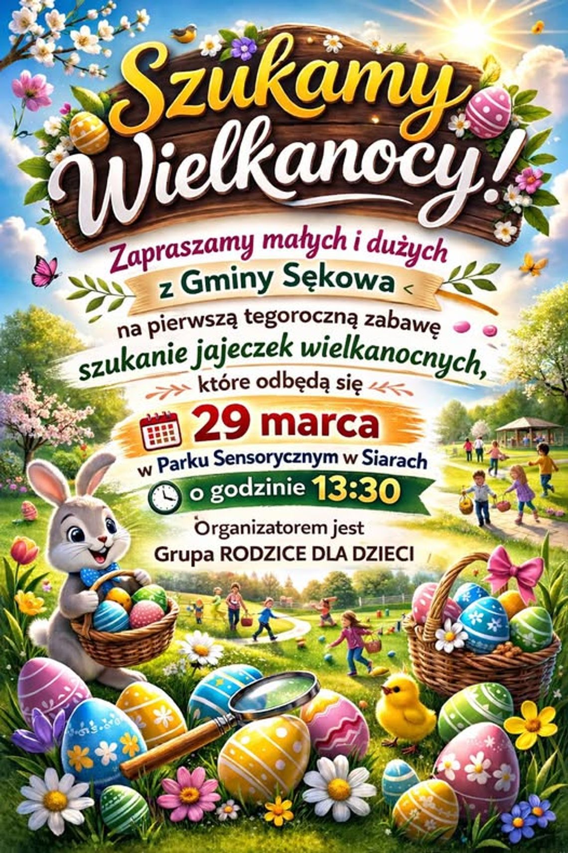 plakat zapowiadający wydarzenie - Szukanie wielkanocnych jajeczek w Siarach