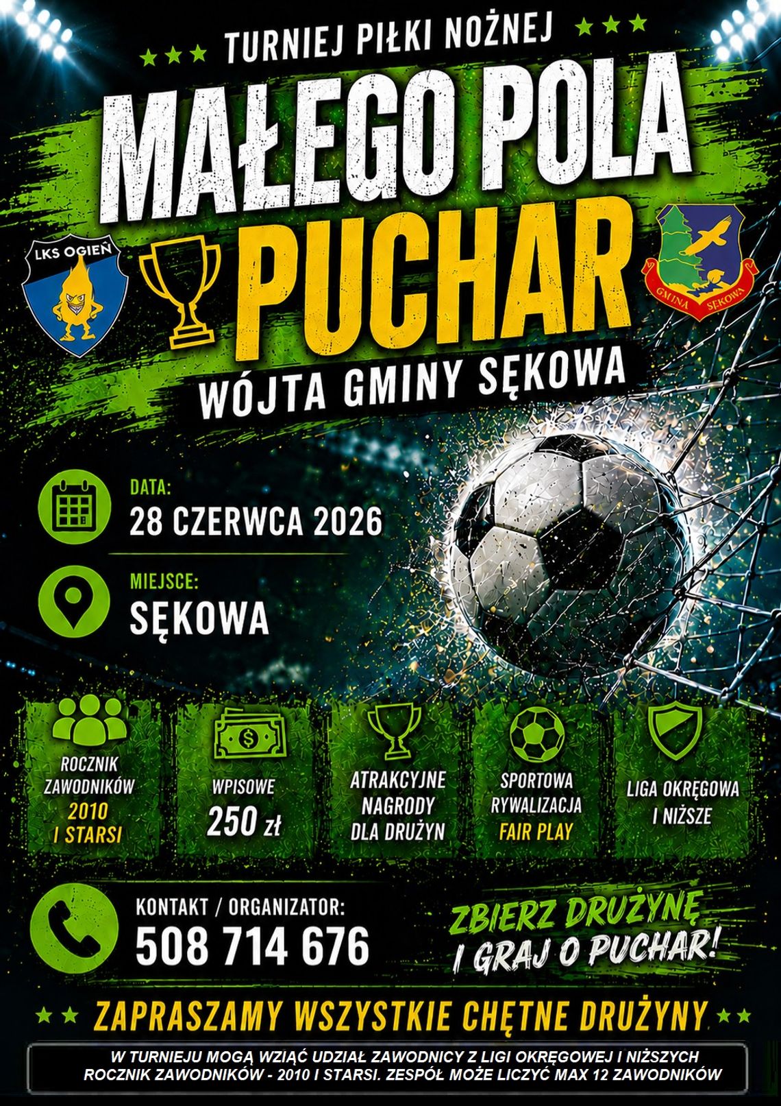 plakat zapowiadający wydarzenie - Turniej Piłki Nożnej „Małego Pola” o Puchar Wójta Gminy Sękowa