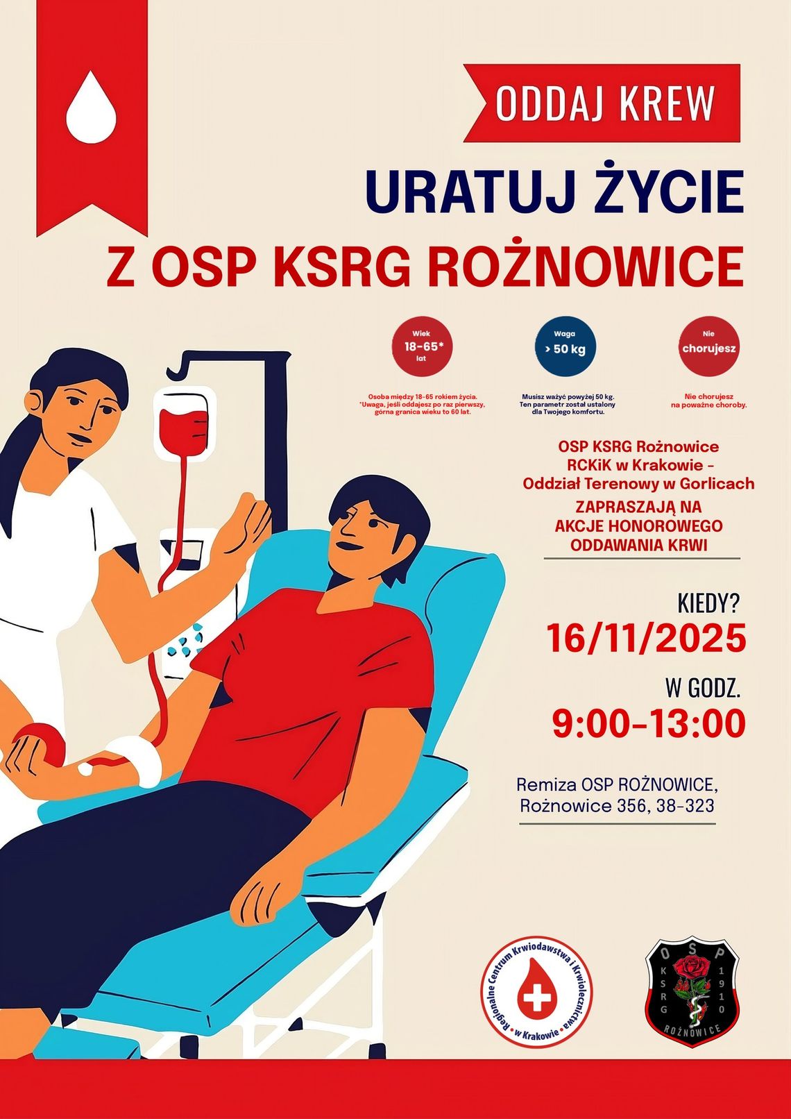 Uratuj Życie z OSP KSRG Rożnowice | zapowiedzi wydarzeń - halogorlice.info Plakat zapowiadający wydarzenie Akcja oddawania krwi w Rożnowicach