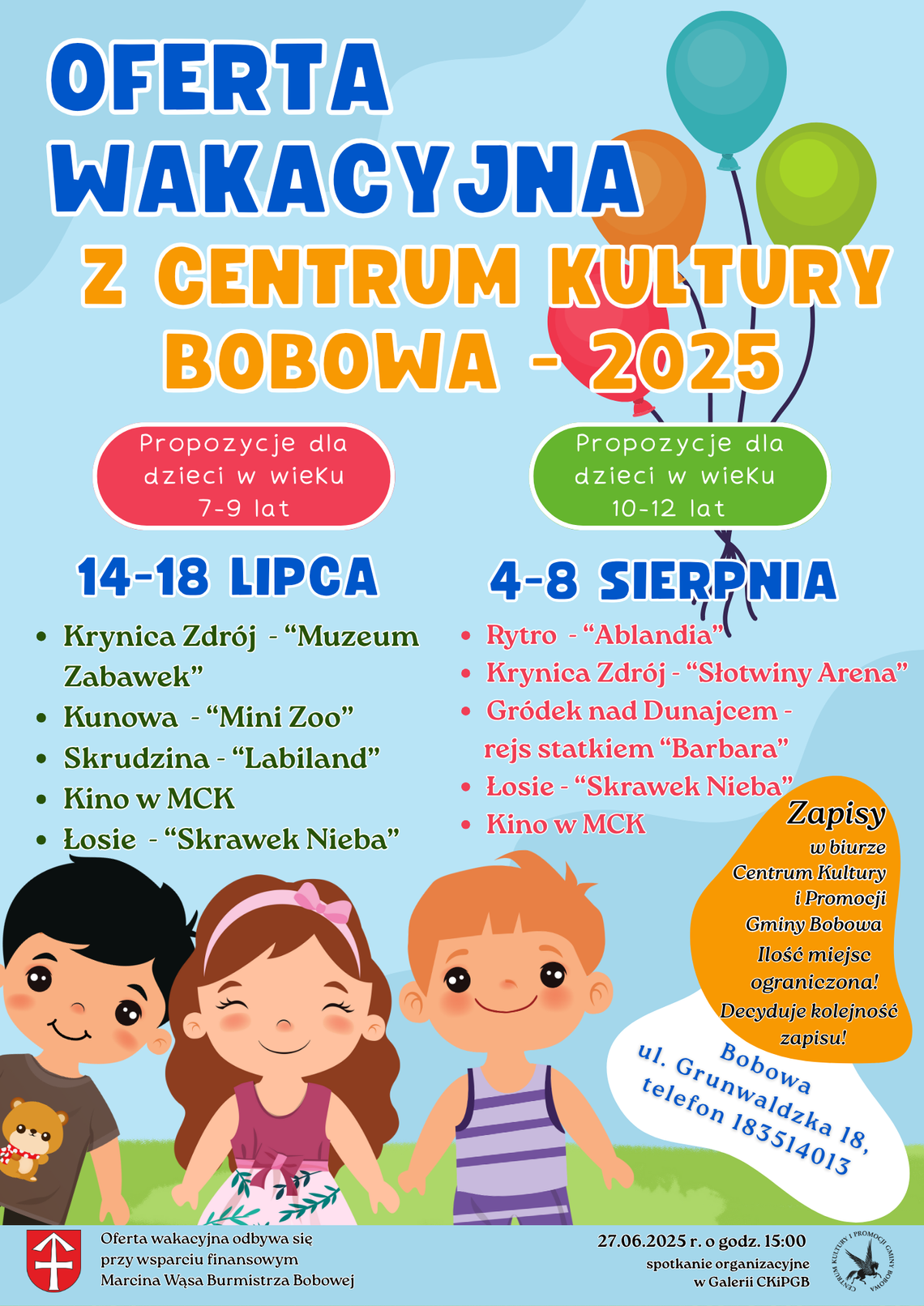 Wakacje w Bobowej dla dzieci w wieku 10-12 lat | halogorlice.info Plakat zapowiadający wydarzenie Wakacje w Bobowej dla dzieci w wieku 10-12 lat