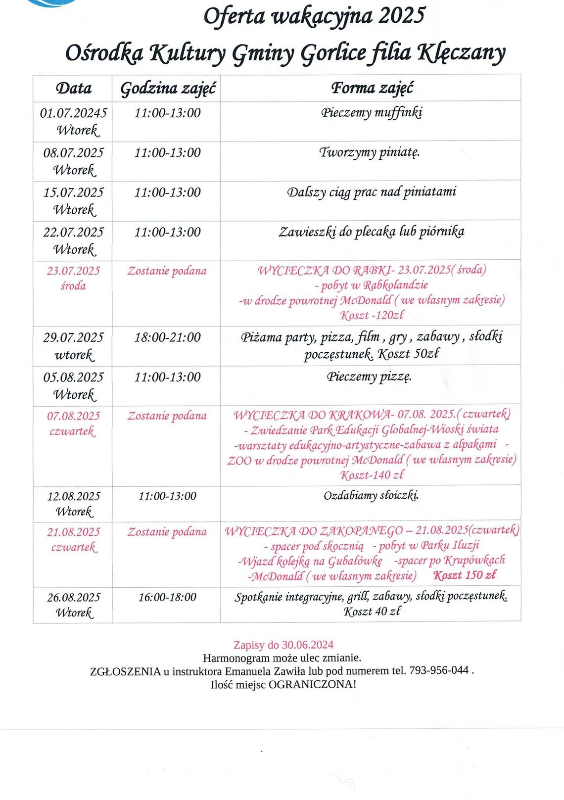 Wakacje w Ośrodku Kultury w Klęczanach | halogorlice.info Plakat zapowiadający wakacje w Klęczanach
