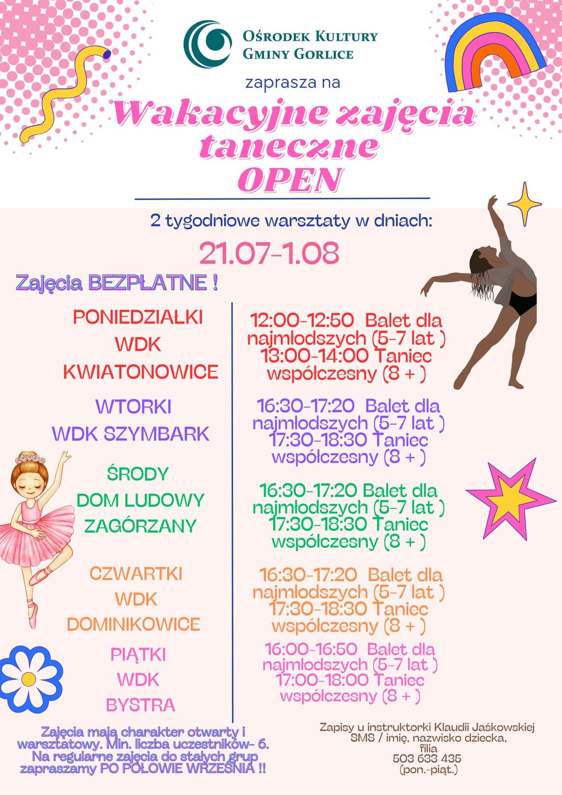 Plakat zapowiadający wydarzenie Wakacyjne zajęcia taneczne OPEN