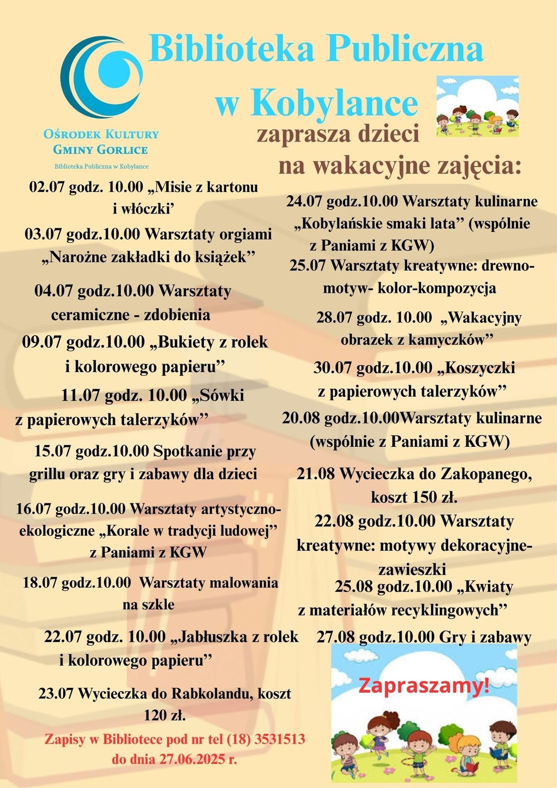 Plakat zapowiadający Wakacyjne zajęcia w Bibliotece Publicznej w Kobylance