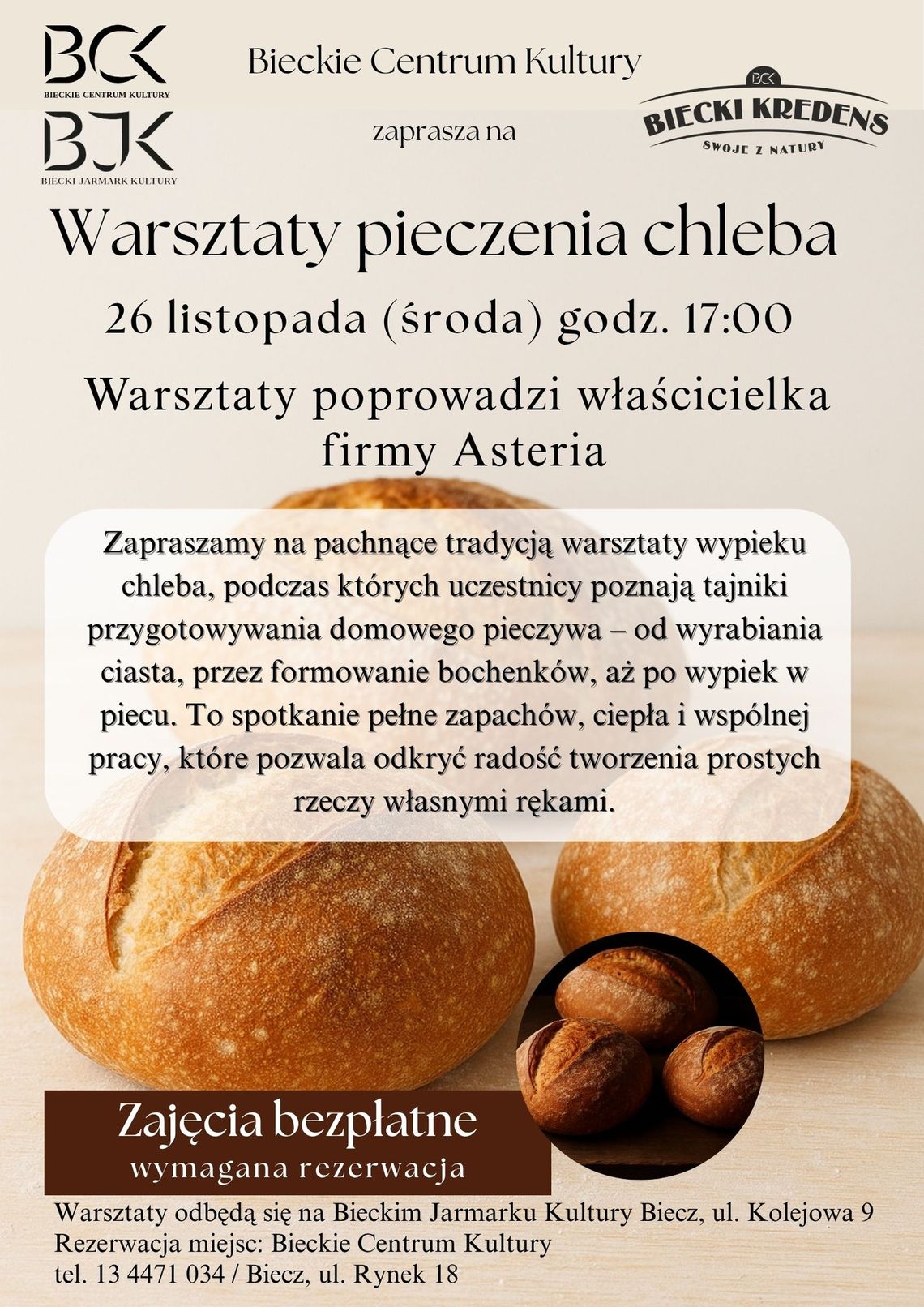 Warsztaty pieczenia chleba w Bieczu | zapowiedzi wydarzeń - halogorlice.info Plakat zapowiadający wydarzenie warsztaty pieczenia chleba