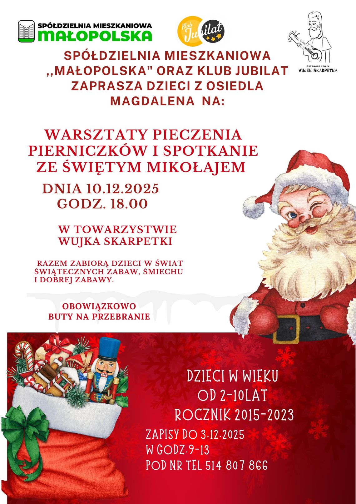 Plakat zapowiadający wydarzenie warsztaty pieczenia pierniczków i spotkanie ze Świętym Mikołajem