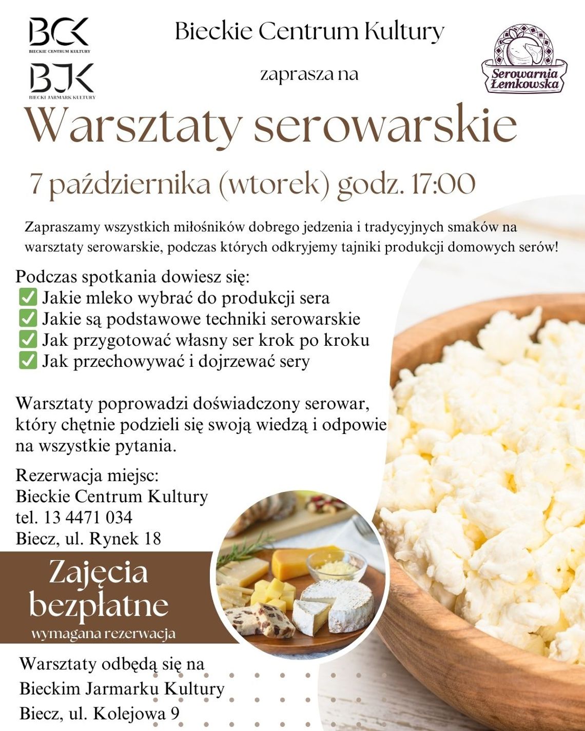 Zdjęcie przedstawia plakat promujący wydarzenie Warsztaty serowarskie w Bieczu