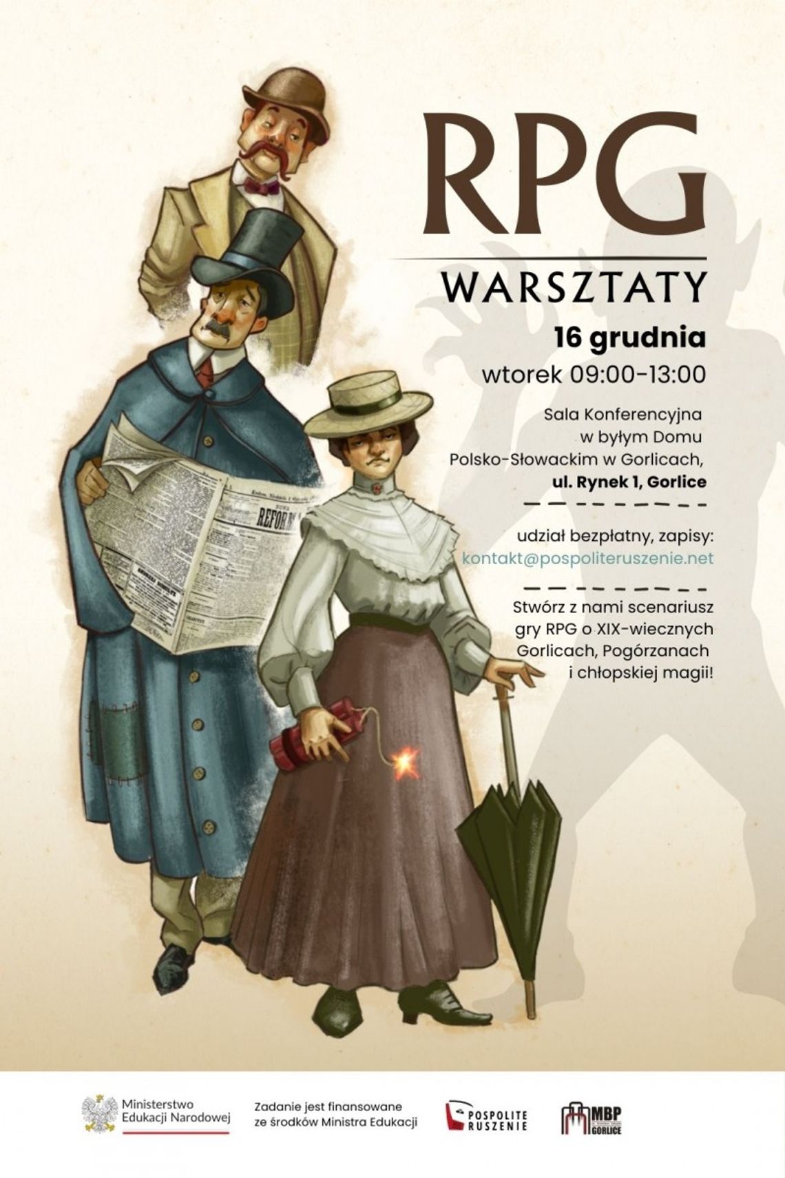 plakat zapowiadający warsztaty tworzenia scenariuszy RPG o XIX-wiecznych Gorlicach