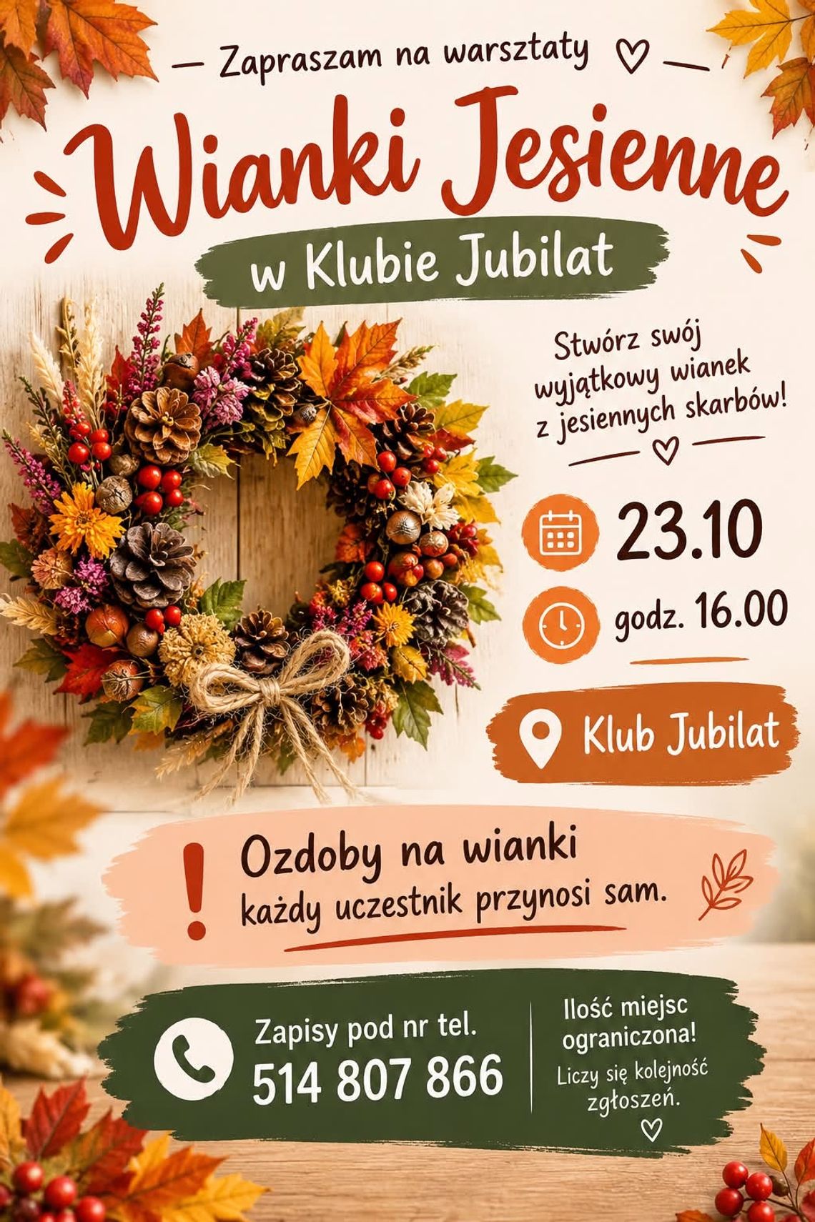 Warsztaty w Klubie Jubilat: Wianki jesienne | zapowiedzi wydarzeń - halogorlice.info Plakat promujący warsztaty jesienne robienia wianków