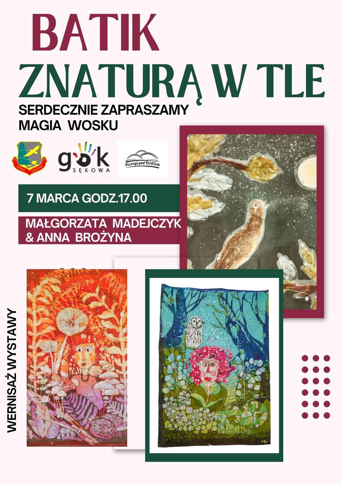 Plakat zapowiadający wydarzenie - Wernisaż pt. Batik z naturą w tle