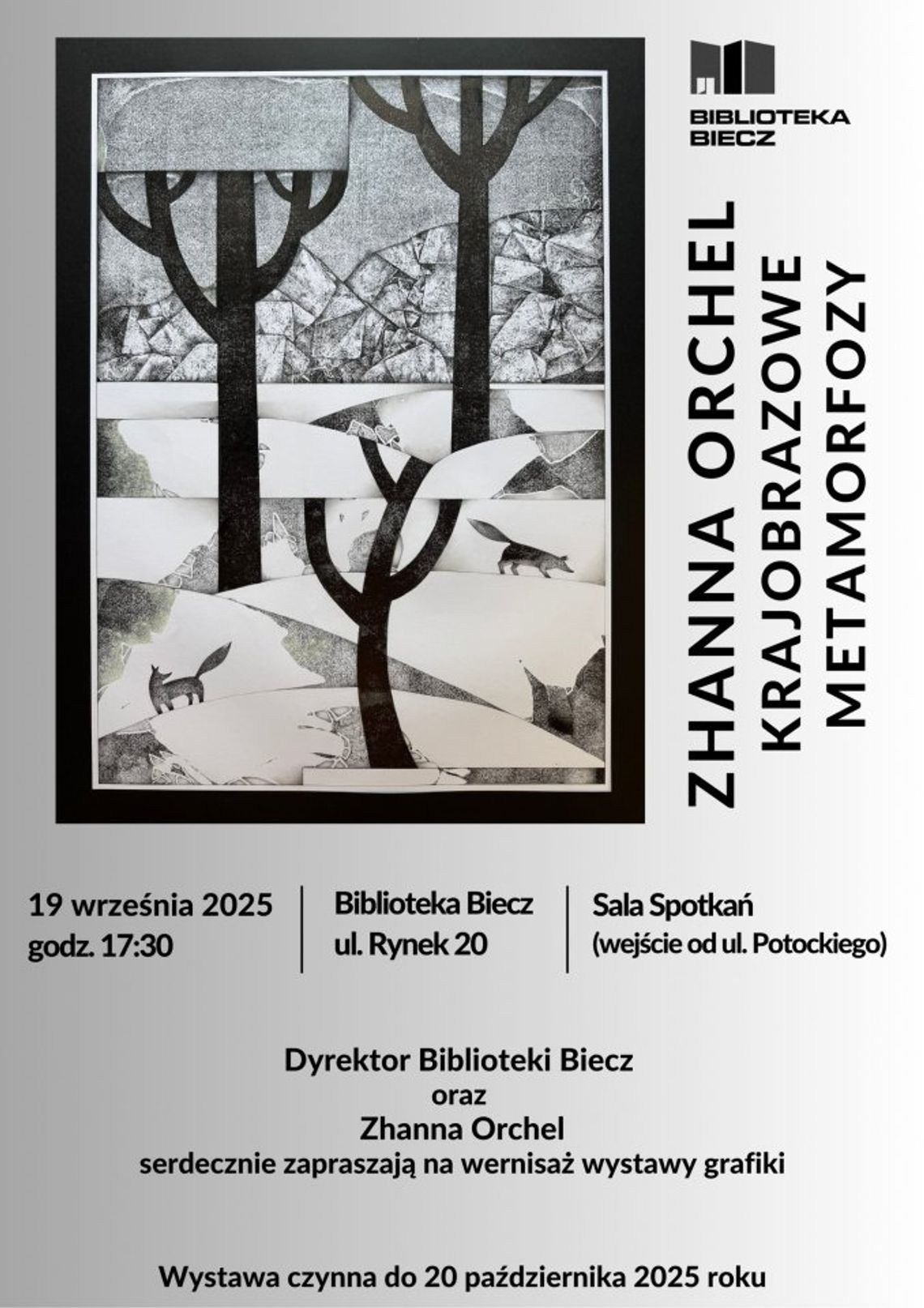 Wernisaż wystawy grafiki Zhanny Orchel pt. Krajobrazowe metamorfozy | halogorlice.info Zdjęcie przedstawia plakat promujący wydarzenie Wernisaż wystawy grafiki Zhanny Orchel