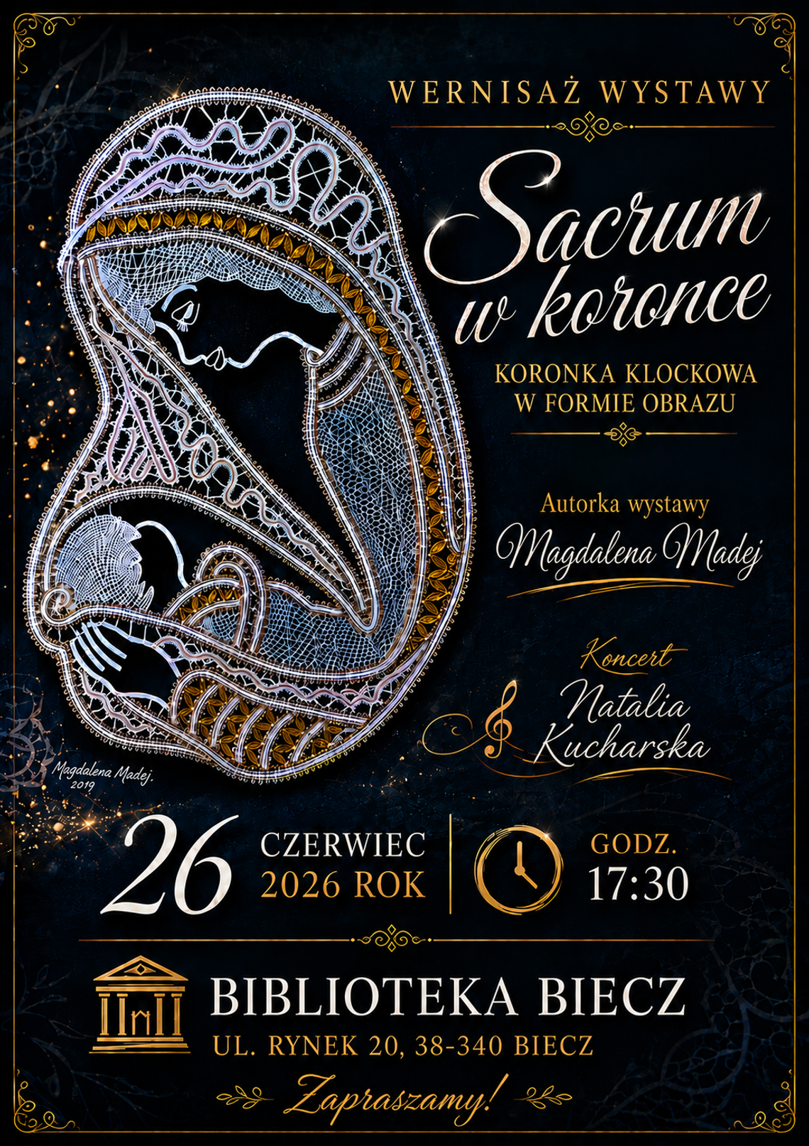 Wernisaż wystawy „Sacrum w koronce” w Bieczu | zapowiedzi wydarzeń - halogorlice.info Zdjęcie przedstawia plakat zapowiadający wydarzenie - Wernisaż wystawy „Sacrum w koronce” w Bieczu