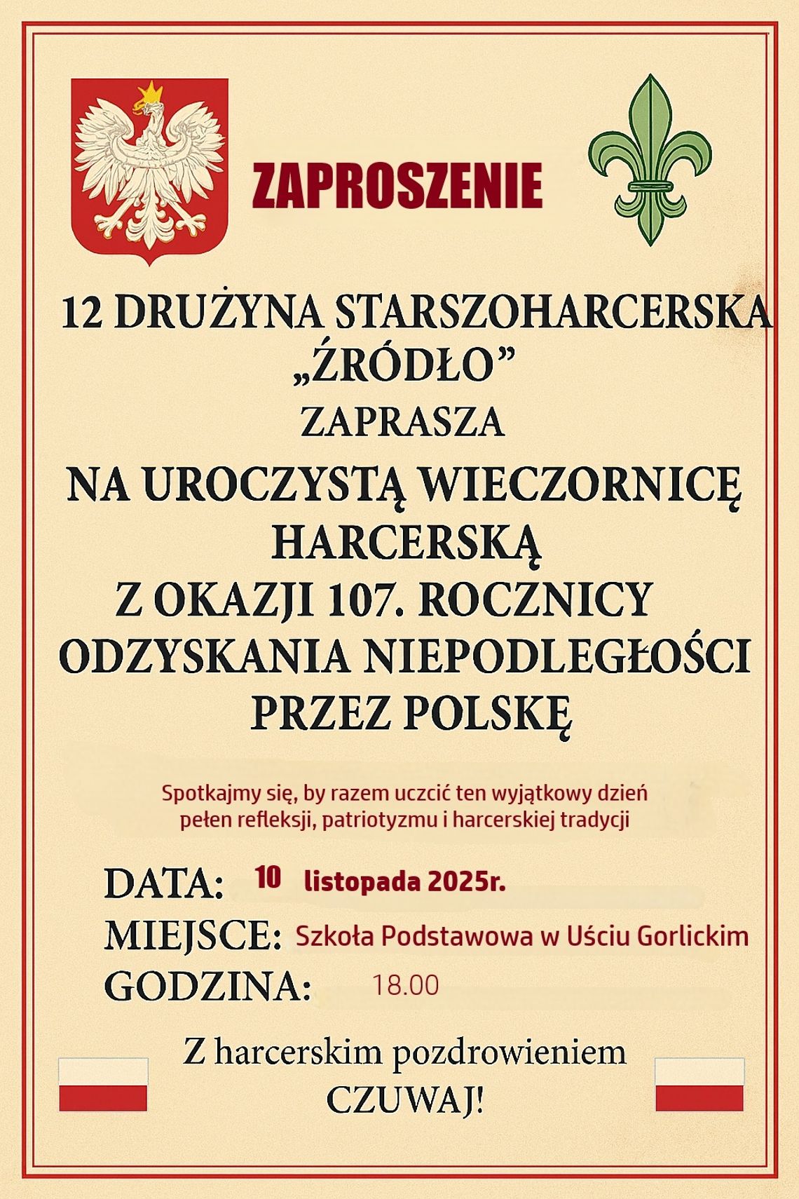 Wieczornica Niepodległościowa | zapowiedzi wydarzeń - halogorlice.info Plakat zapowiadający wydarzenie wieczornica niepodległościowa