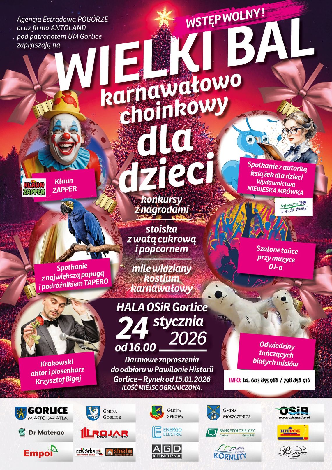 Plakat zapowiadający wydarzenie - Wielki Bal karnawałowo-choinkowy dla dzieci w Gorlicach