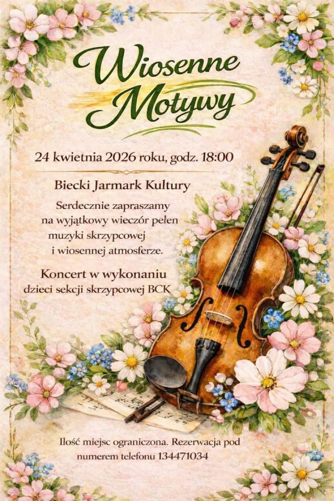 zdjęcie przedstawia plakat promujacy wydarzenie - Wiosenne Motywy - koncert skrzypcowy w wykonaniu dzieci z sekcji skrzypiec BCK