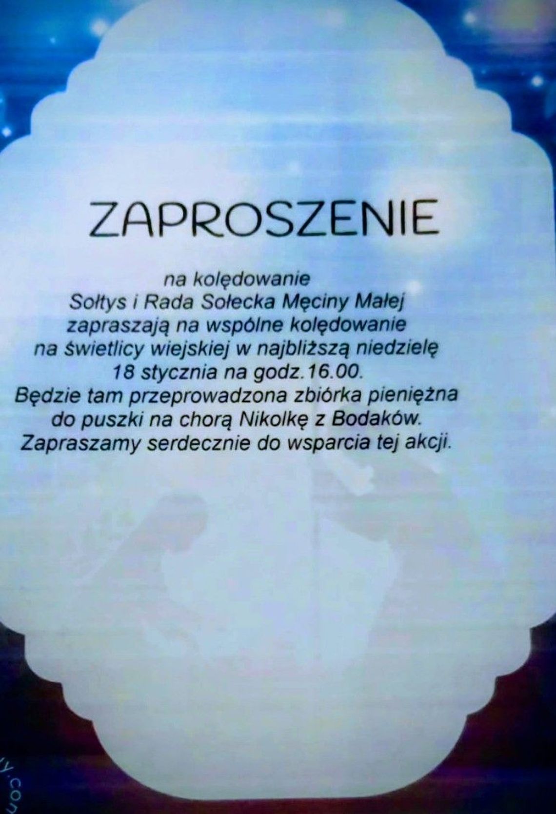 Plakat zapowiadający wydarzenie - Wspólne kolędowanie w Męcinie Małej