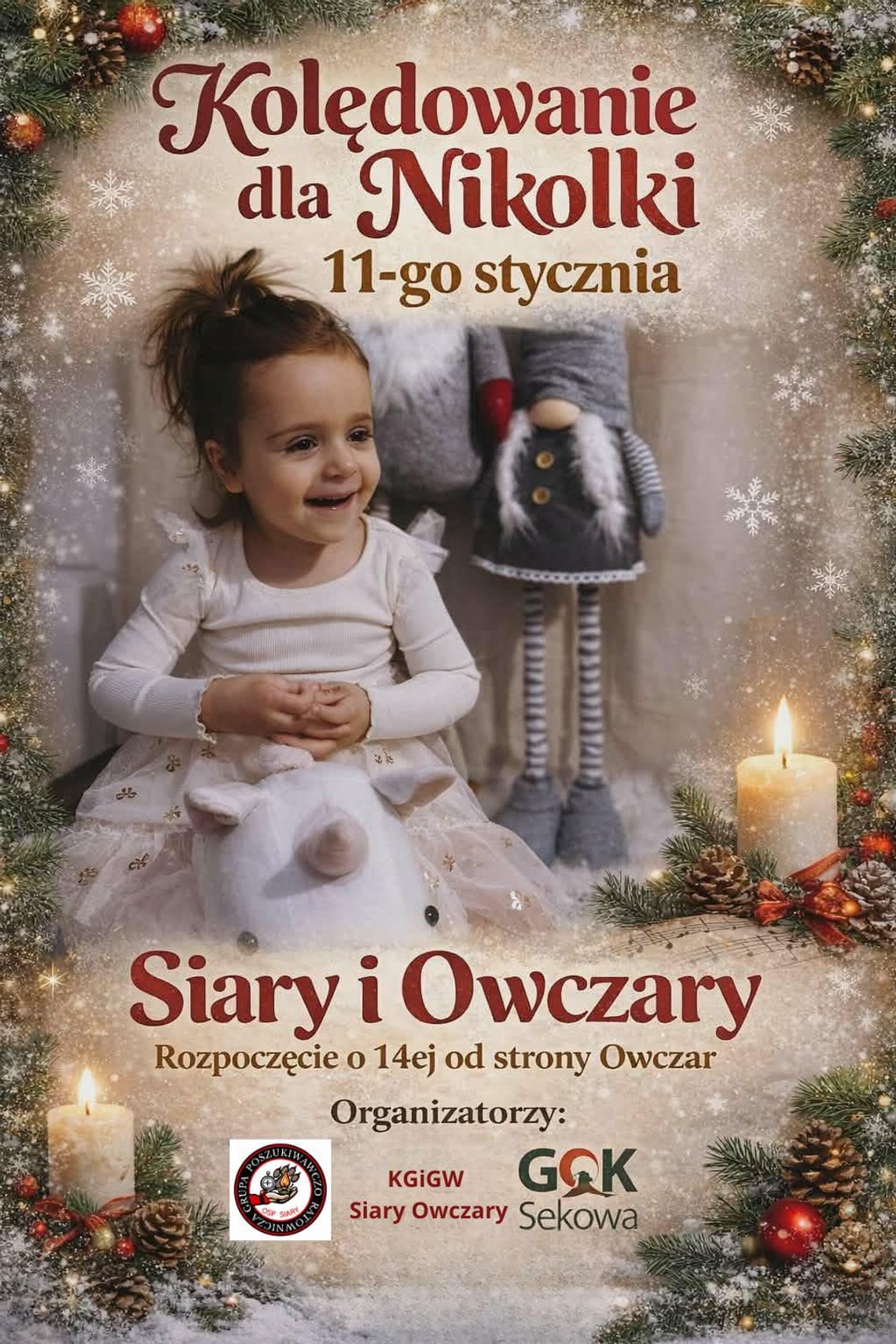 Plakat zapowiadający wydarzenie -  Wspólne kolędowanie w Siarach i Owczarach dla Nikoli