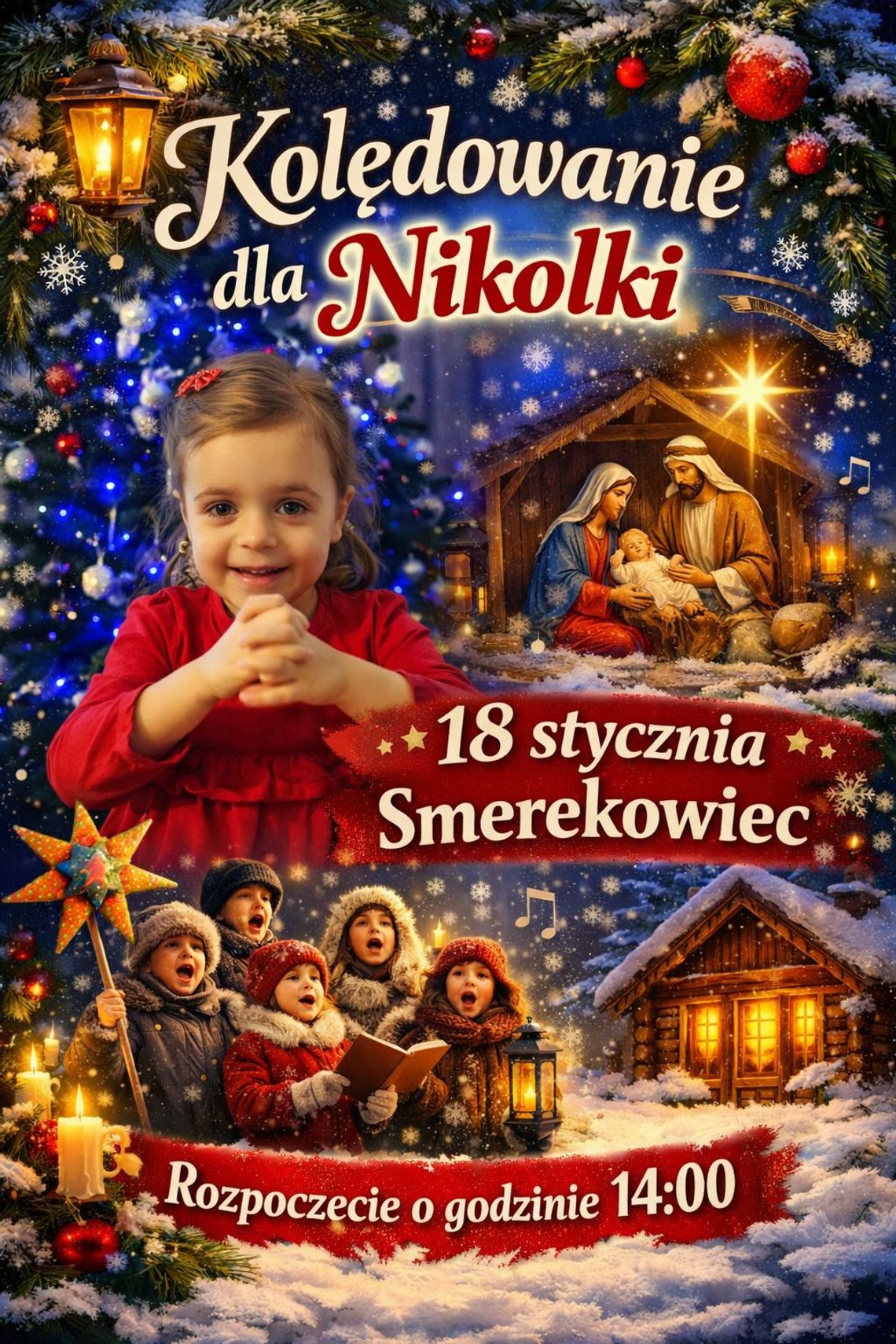 Plakat zapowiadający wydarzenie - Wspólne kolędowanie w Smerekowcu dla Nikoli