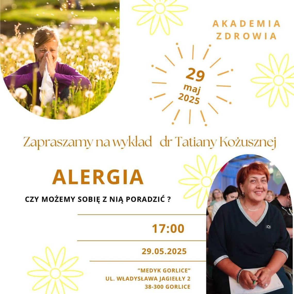 Wykład dr Tatiany Kożusznej pt. Alergia: Czy możemy sobie na nią pozwolić? | halogorlice.info Plakat zapowiadający wydarzenie wykład dr Tatiany Kożusznej