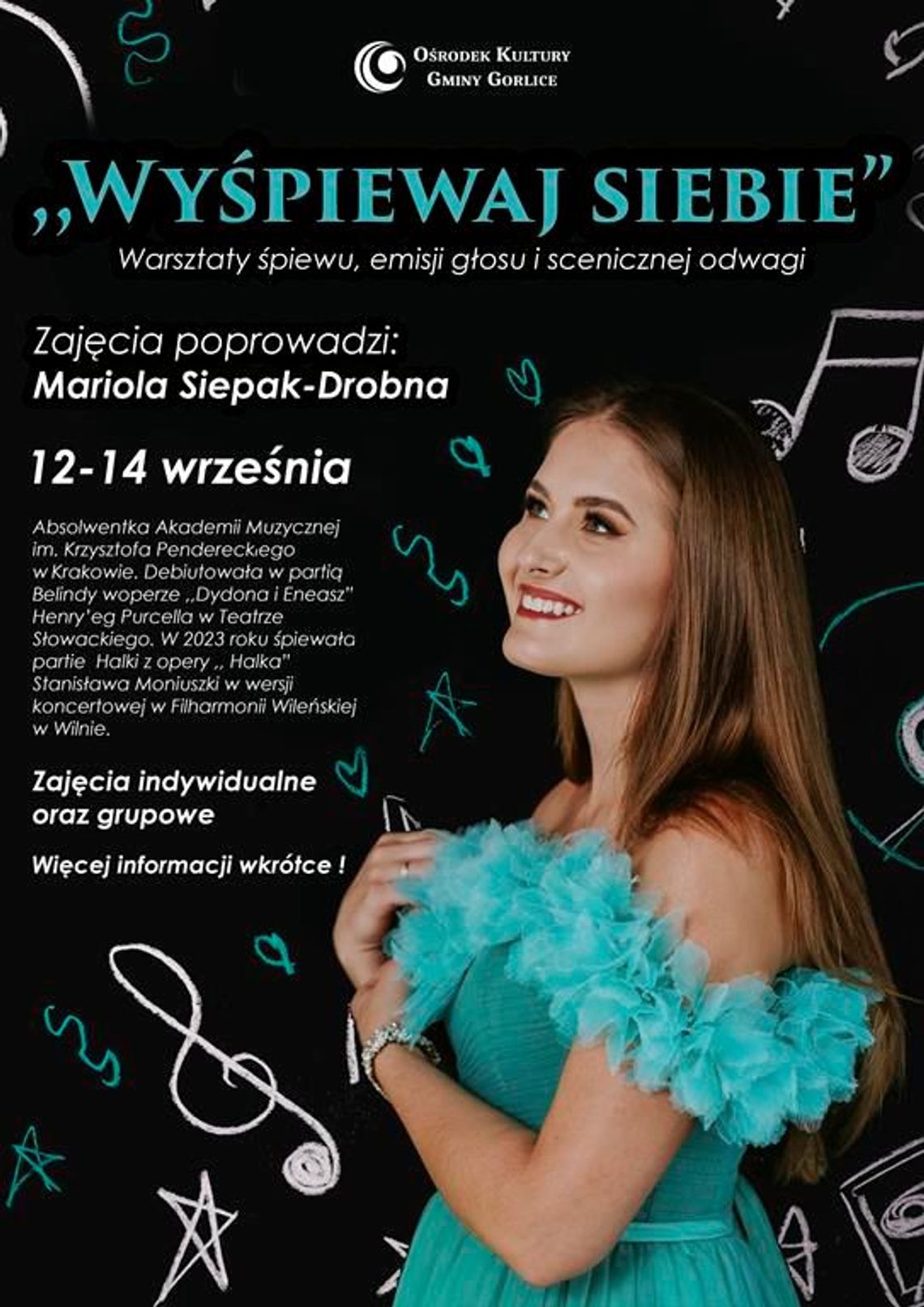 Zdjęcie przedstawia plakat promujący wydarzenie Warsztaty śpiewu, emisji głosu i scenicznej odwagi