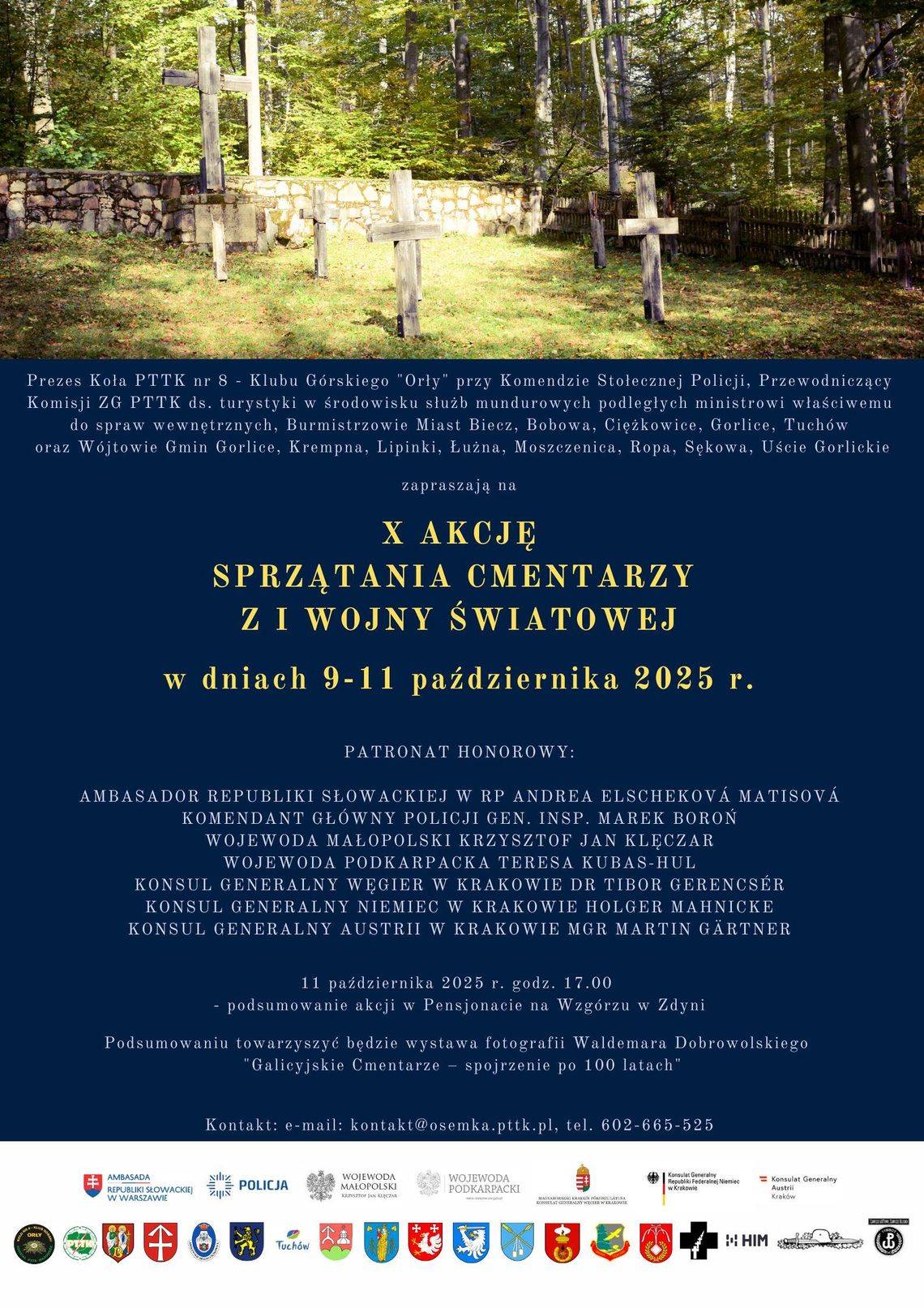 Zdjęcie przedstawia plakat promujący wydarzenie X akcja sprzątania cmentarzy z I wojny światowej
