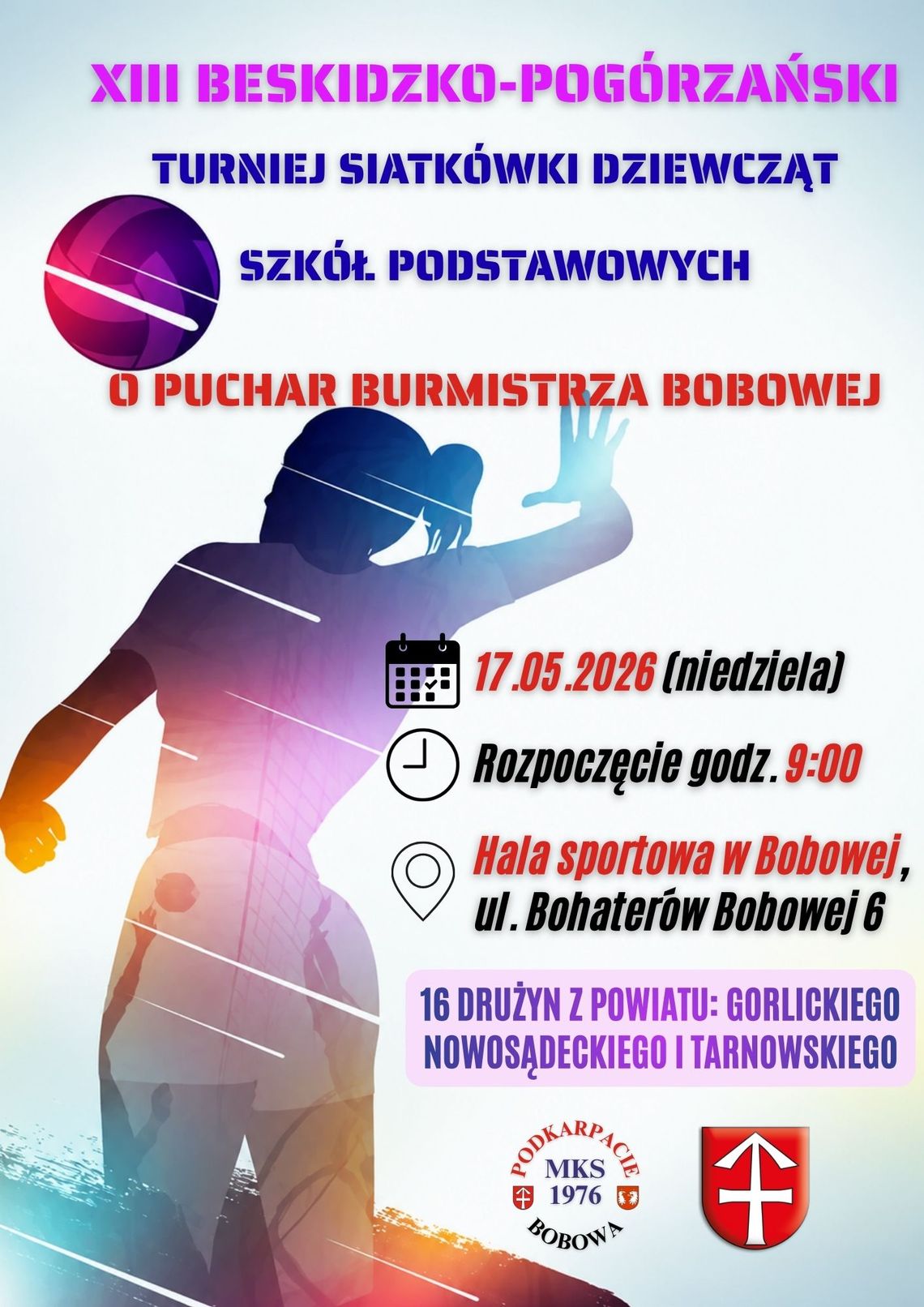 plakat zapowiadający wydarzenie - XIII Beskidzko-Pogórzański Turniej Siatkówki Dziewcząt Szkół Podstawowych