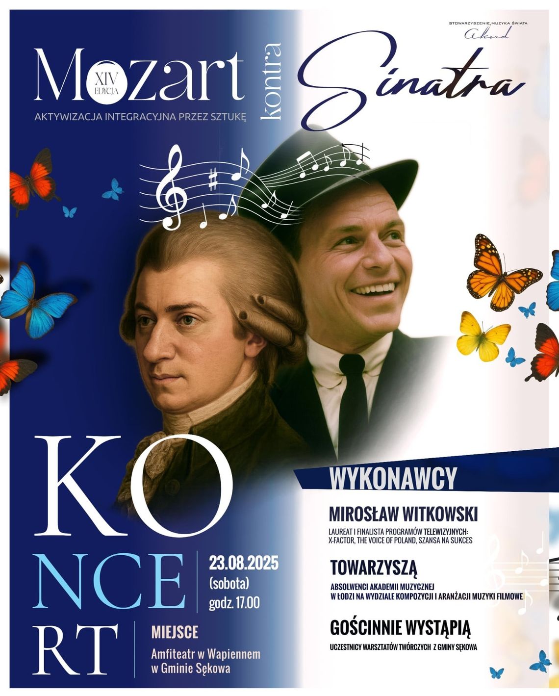 Zdjęcie przedstawia plakat promujący wydarzenie XIV Koncert Mozart kontra Sinatra