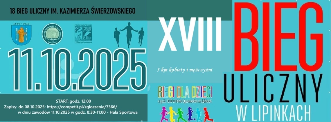 plakat zapowiadający wydarzenie w miejscowości Lipinki pod tytułem XVIII BIEG ULICZNY im. Kazimierza Świerzowskiego