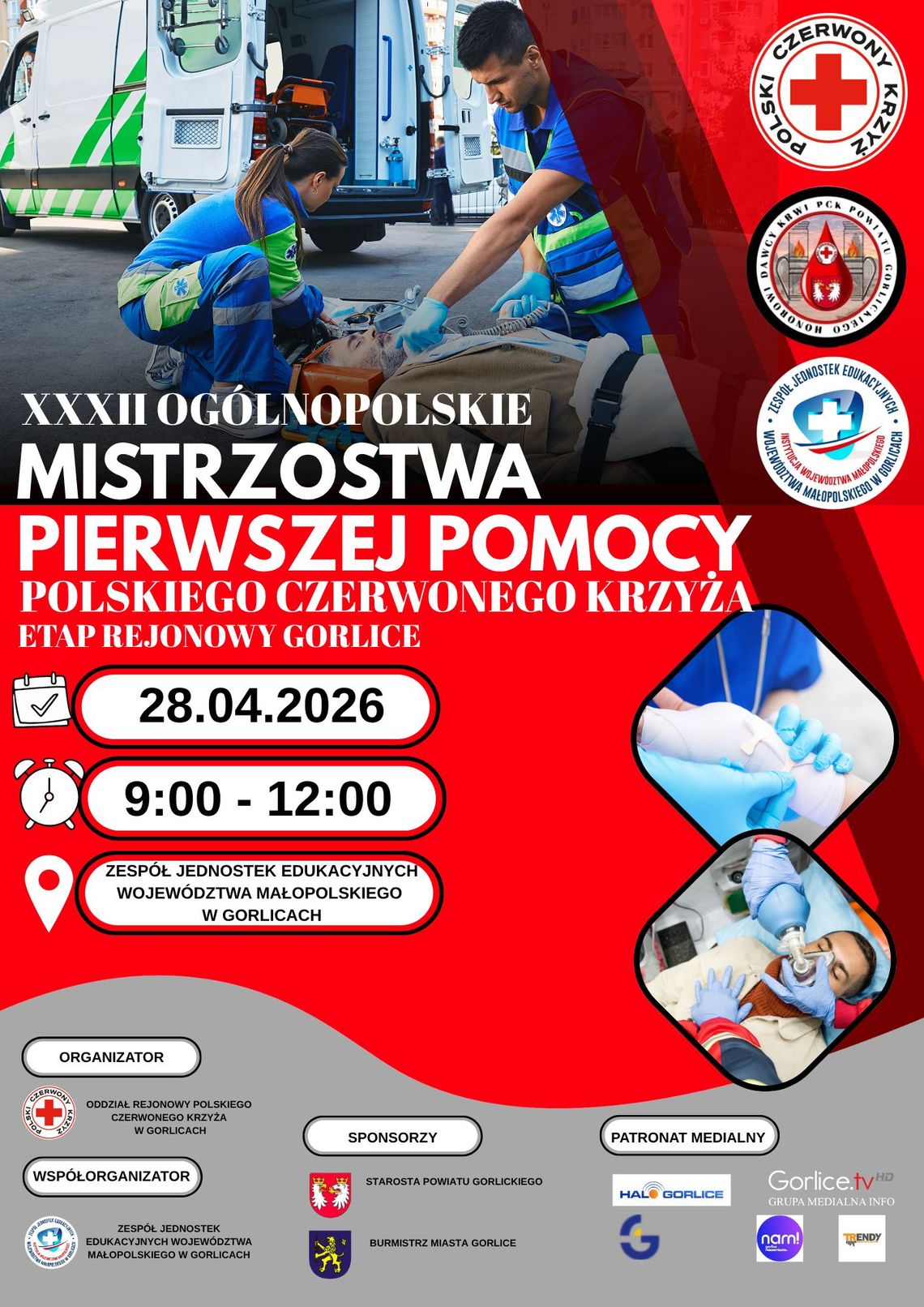 plakat zapowiadający wydarzenie -  XXXII Ogólnopolskie Mistrzostwa Pierwszej Pomocy Polskiego Czerwonego Krzyża