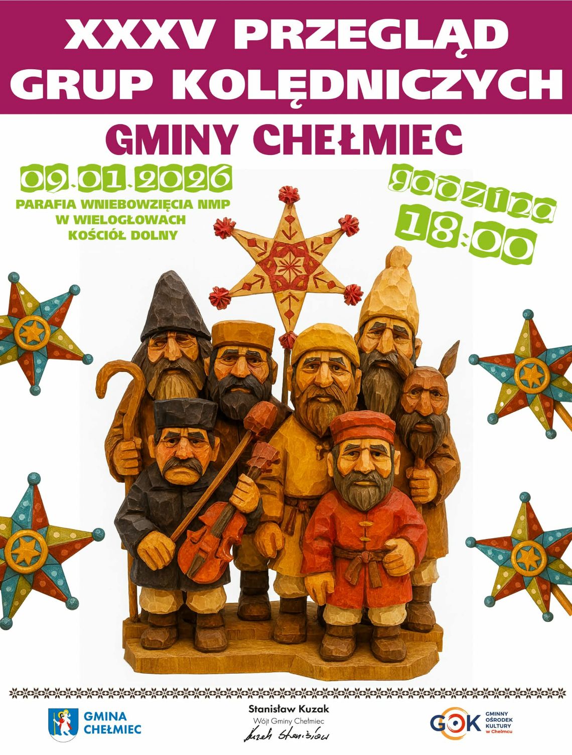 Plakat zapowiadający wydarzenie - XXXV Przegląd Grup Kolędniczych Gminy Chełmiec