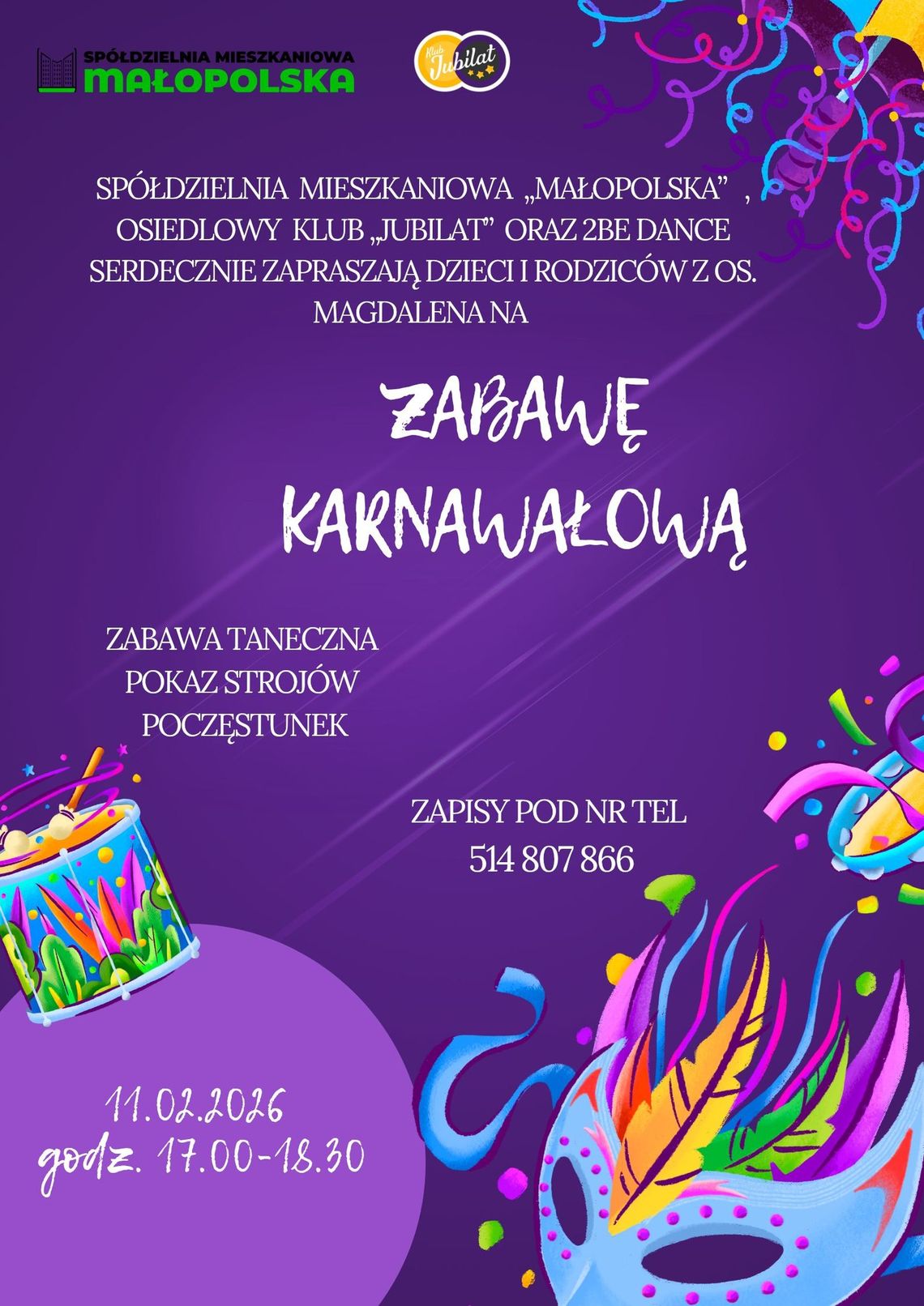 Plakat zapowiadający wydarzenie - Zabawa karnawałowa w klubie Jubilat