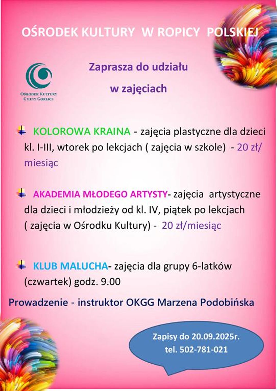 Zajęcia artystyczne dla dzieci i młodzieży | halogorlice.info Zdjęcie przedstawia plakat promujący wydarzenie Zajęcia artystyczne dla dzieci i młodzieży