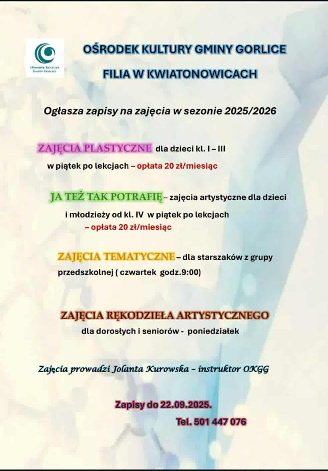 Zajęcia artystyczne w Kwiatonowicach | halogorlice.info Zdjęcie przedstawia plakat promujący wydarzenie Zajęcia artystyczne w Kwiatonowicach