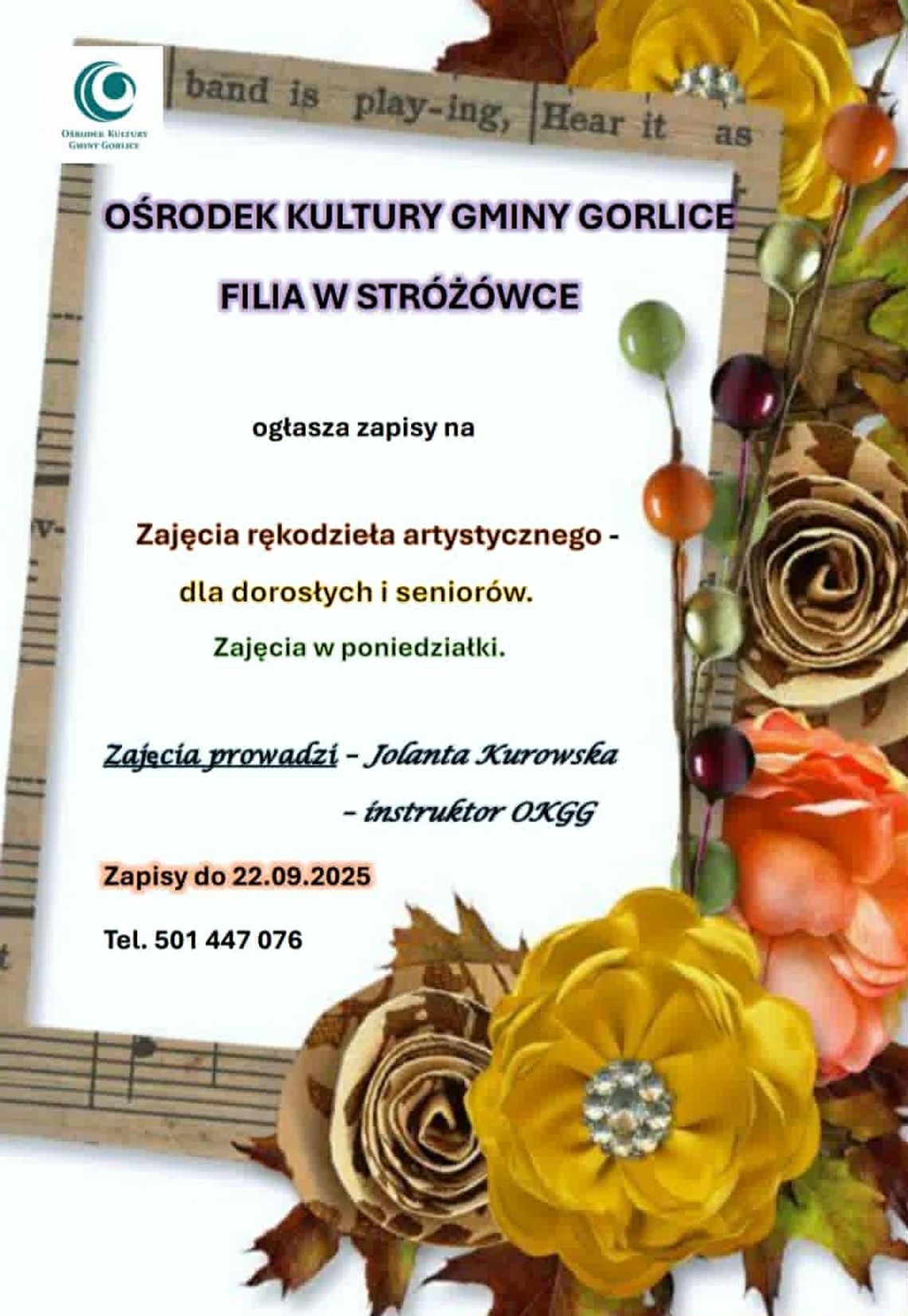 Zajęcia rękodzieła artystycznego w Stróżówce | halogorlice.info Zdjęcie przedstawia plakat promujący wydarzenie Zajęcia rękodzieła artystycznego w Stróżówce