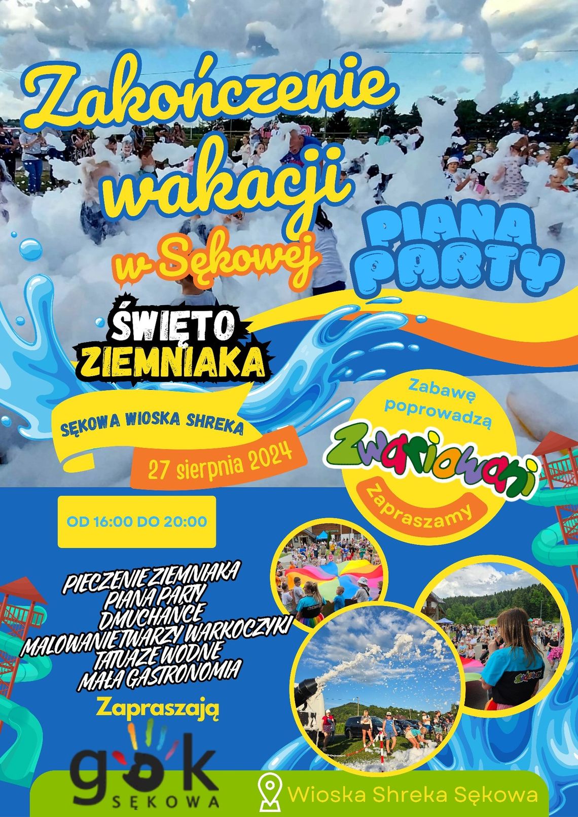 Zdjęcie przedstawia plakat promujący wydarzenie Zakończenie wakacji w Sękowej i Święto Ziemniaka