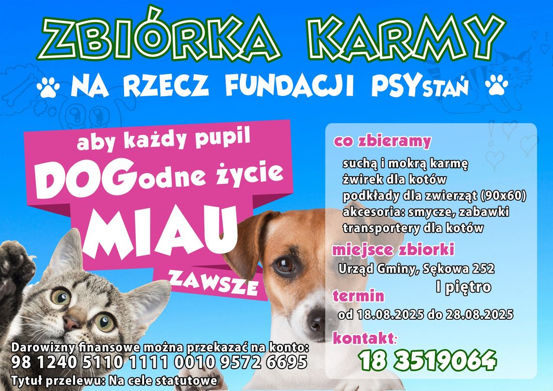 Zbiórka karmy na rzecz fundacji PSYstań | halogorlice.info Plakat zapowiadający wydarzenie Zbiórka karmy na rzecz fundacji PSYstań