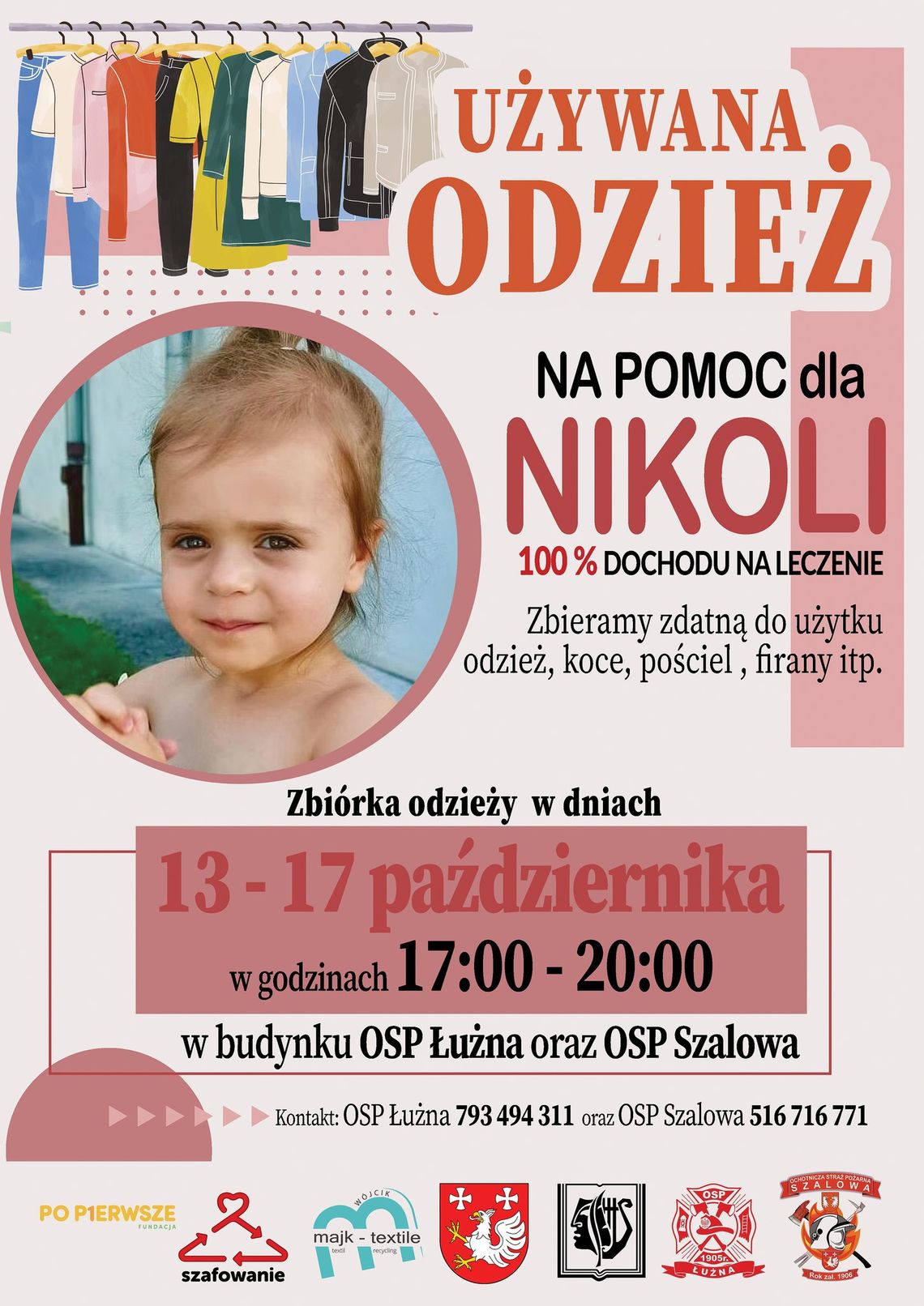 Plakat zapowiadający wydarzenie pt. Zbiórka odzieży używanej na pomoc dla Nikoli Woźniak