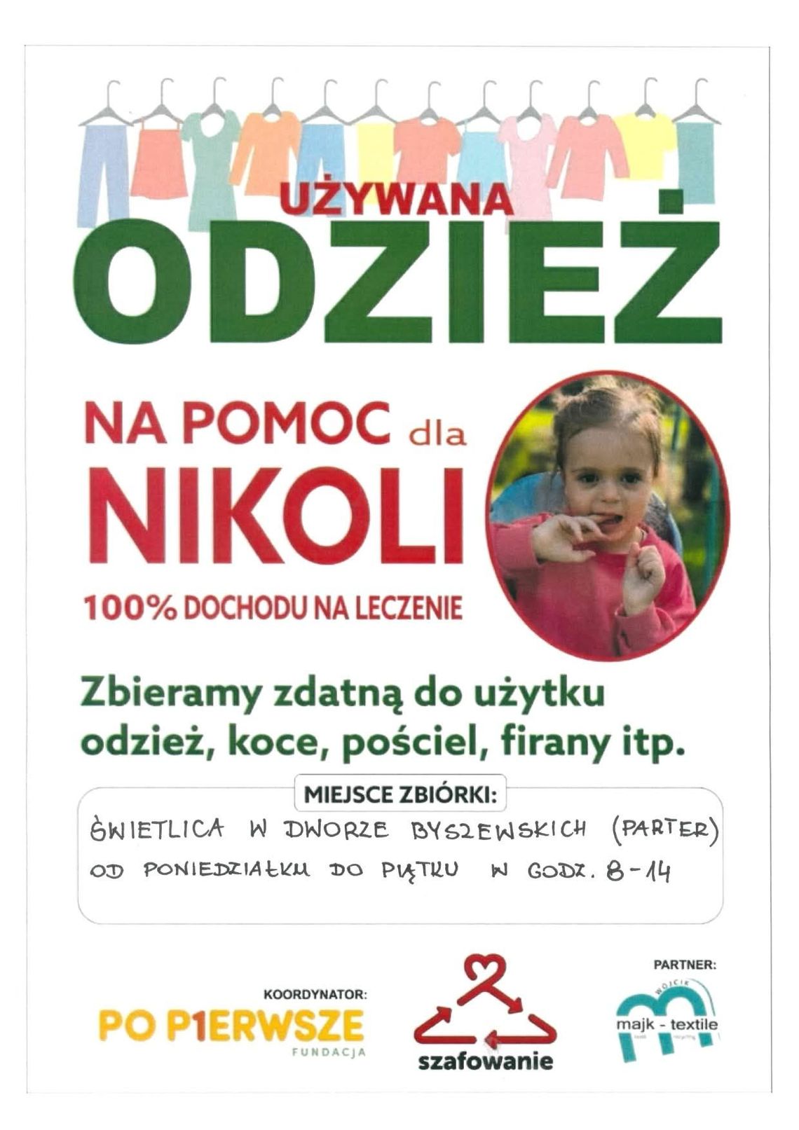 plakat zapowiadające Zbiórkę odzieży używanej na pomoc dla Nikoli Woźniak