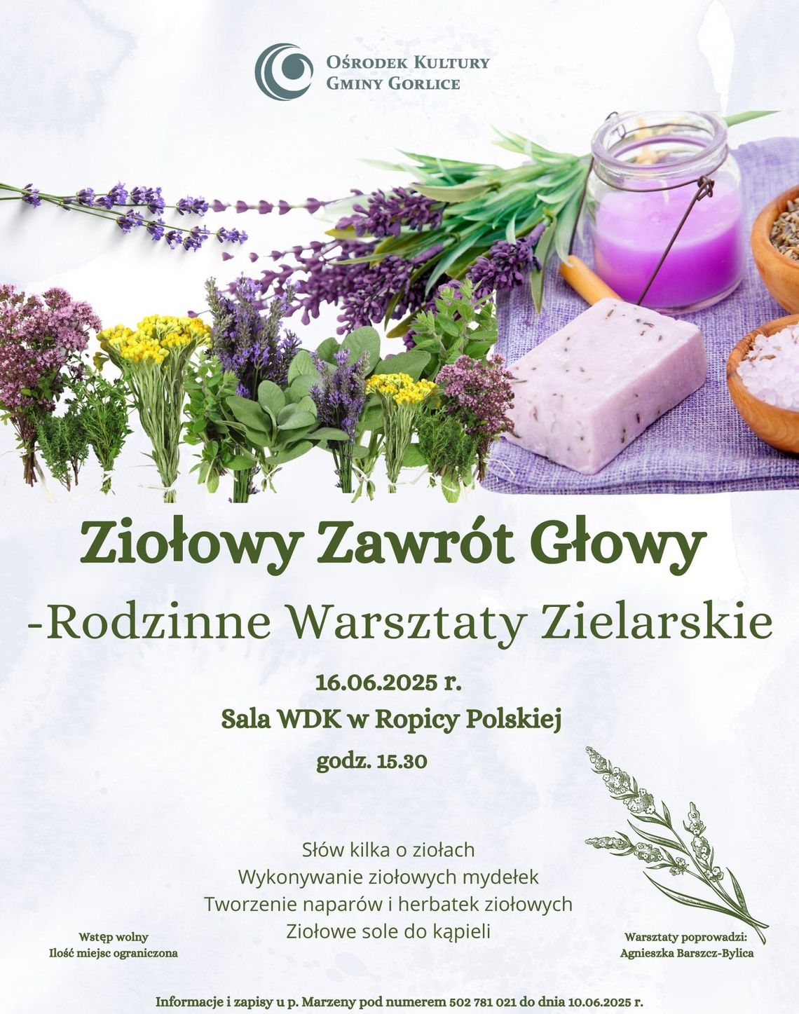 Ziołowy zawrót głowy. Rodzinne warsztaty zielarskie | halogorlice.info Plakat zapowiadający wydarzenie Ziołowy zawrót głowy. Rodzinne warsztaty zielarskie