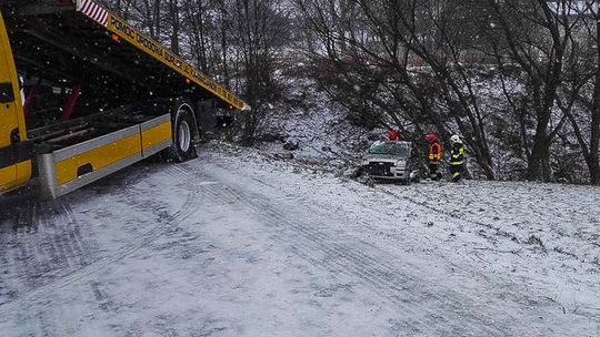 Jezdnia była bardzo śliska, ford zakończył jazdę na dachu.