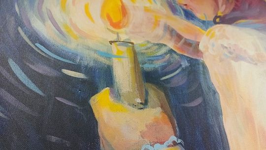 dzieło malarskie przedstawiające dziewczynę trzymającą w dłoni zapaloną świecę