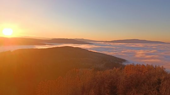 Beskid Niski z wieży widokowej w Dominikowicach w mglisty dzień (2 grudnia 2024)