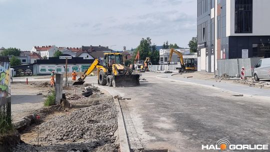 zdjęcie przedstawia ludzi i maszyny na placu budowy ronda w gorlicach
