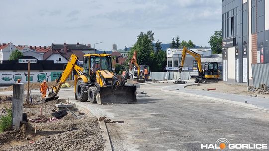 zdjęcie przedstawia ludzi i maszyny na placu budowy ronda w gorlicach