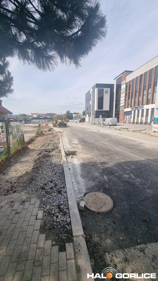 zdjęcie przedstawia ludzi i maszyny na placu budowy ronda w gorlicach