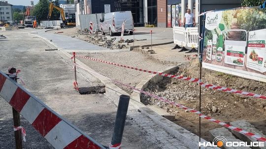 zdjęcie przedstawia ludzi i maszyny na placu budowy ronda w gorlicach